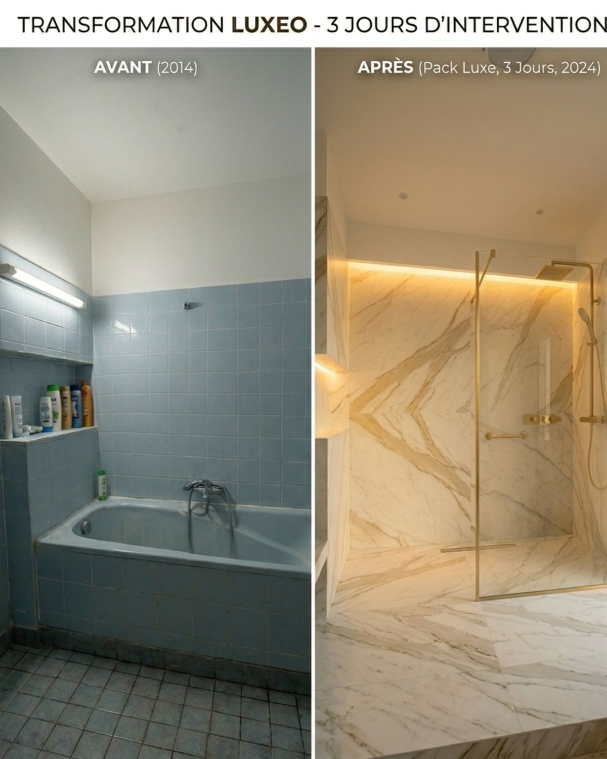 Détail douche italienne — robinetterie or sur marbre clair